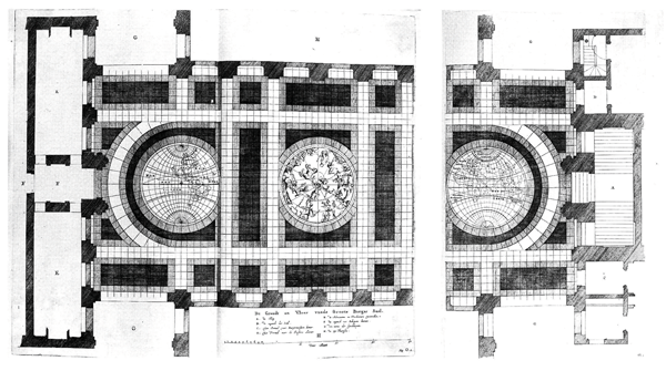 Figure 9: Jacob Vennekool’s depiction of the “Floor of the Great Civic Hall” [De Grondt
en Vloer vande Groote Burger Sael]. The engraving is Figure “O” in the first edition of
Jacob van Campen and Jacob Vennekool’s Afbeelding van ’t Stadthuys van Amsterdam.
In dartigh coopere Plaaten geordineert door Jacob van Campen; en geteeckent
door Iacob Vennekool, Amsterdam: Dancker Danckerts, 1661. With each hemisphere
measuring 22 feet in circumference, the world map inlaid on the marble floor of
Amsterdam’s Town Hall was “one of earliest public images showing Tasman’s discoveries
on the Australian continent” (NSW Government Online Shop 2013a). Nearly 300
years later, beginning in 1942, the State Library of New South Wales graced the floor
of the Mitchell Library vestibule with a marble map replicating what was then believed
to be Tasman’s original map of ca. 1648. Reproduced from Goossens (1996, fig. 33).