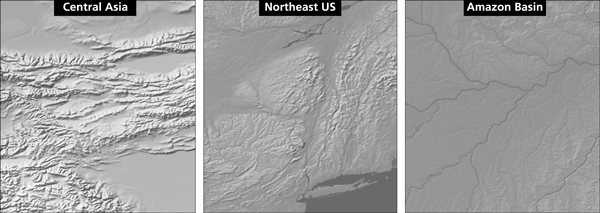 Figure 2. From left to right: high, medium and low relief as it appears in Gray Earth.