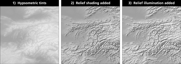 Figure 9. Light touch: Gray Earth combines hypsometric tints, relief shading, and relief illumination.