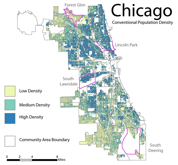 Figure 1: A choropleth map of conventional population density in Chicago at the
census block geographic unit. Data provided by United States Census Bureau,
Chicago Metro Agency of Planning, and the City of Chicago GIS Department.