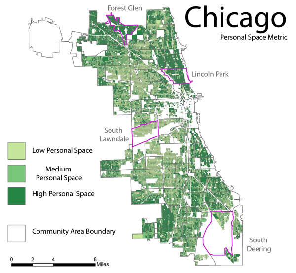 Figure 4: The PSM, a calculation of how much space each person has within the vertical residential
environment of the city, shown at the census block level. Data source: United States Census Bureau,
Chicago Metro Agency of Planning, and the City of Chicago GIS Department.