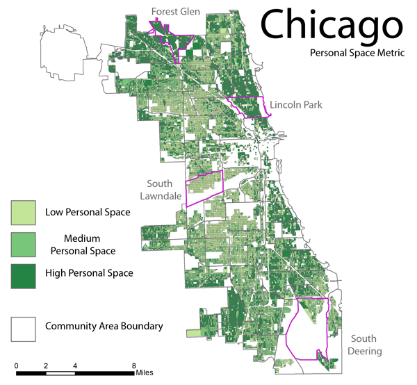 Figure 4: The PSM, a calculation of how much space each person has within the vertical residential
environment of the city, shown at the census block level. Data source: United States Census Bureau,
Chicago Metro Agency of Planning, and the City of Chicago GIS Department.