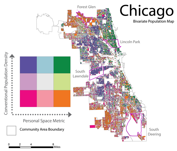 Figure 6: The bivariate map, at the census block geography, compares
conventional population density and the PSM. The four corners of the
legend employ higher saturation to highlight where the highs and lows of
the two metrics intersect. Data source: United States Census Bureau, Chicago
Metro Agency of Planning, and the City of Chicago GIS Department.