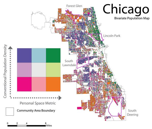 Figure 6: The bivariate map, at the census block geography, compares
conventional population density and the PSM. The four corners of the
legend employ higher saturation to highlight where the highs and lows of
the two metrics intersect. Data source: United States Census Bureau, Chicago
Metro Agency of Planning, and the City of Chicago GIS Department.