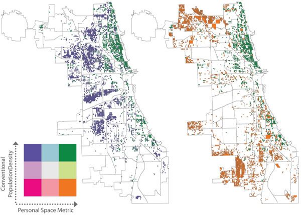Figure 7: These maps show the green classification (high-density, high PSM)
compared to the purple classification (high-density low PSM) on the left and
the orange classification (low-density, high PSM) on the right. They clearly
show the spatial variations in census blocks that share one of the two variables
on the bivariate grid. Data source: United States Census Bureau, Chicago
Metro Agency of Planning, and the City of Chicago GIS Department.