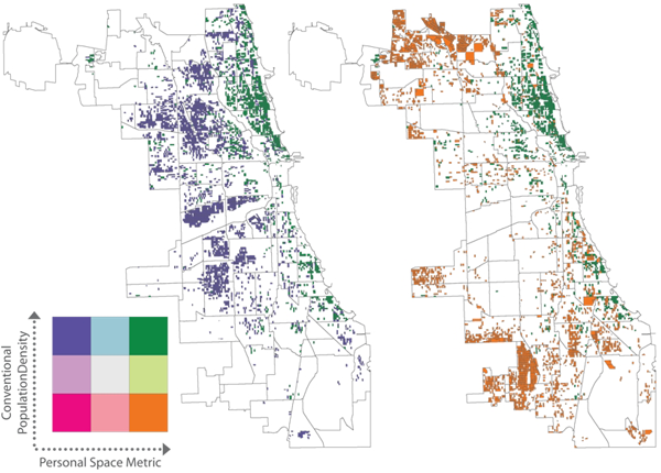 Figure 7: These maps show the green classification (high-density, high PSM)
compared to the purple classification (high-density low PSM) on the left and
the orange classification (low-density, high PSM) on the right. They clearly
show the spatial variations in census blocks that share one of the two variables
on the bivariate grid. Data source: United States Census Bureau, Chicago
Metro Agency of Planning, and the City of Chicago GIS Department.