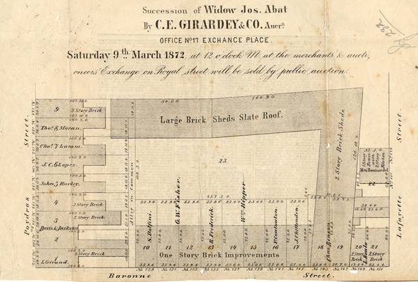 Figure 1: Succession of Widow Jos. Abat, 1st District, Square 232.
Auction. 9 March 1872. Lithograph.