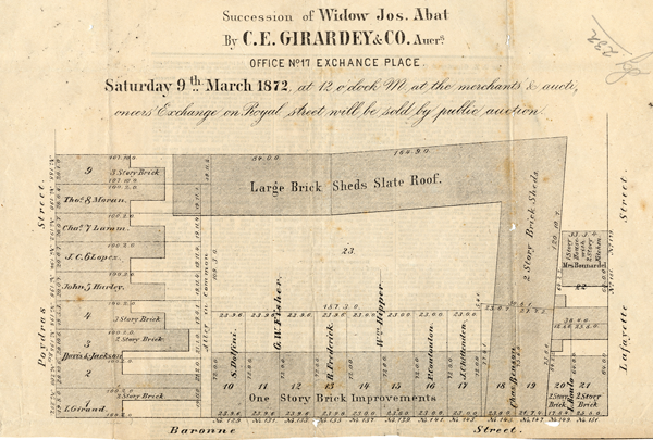 Figure 1: Succession of Widow Jos. Abat, 1st District, Square 232.
Auction. 9 March 1872. Lithograph.
