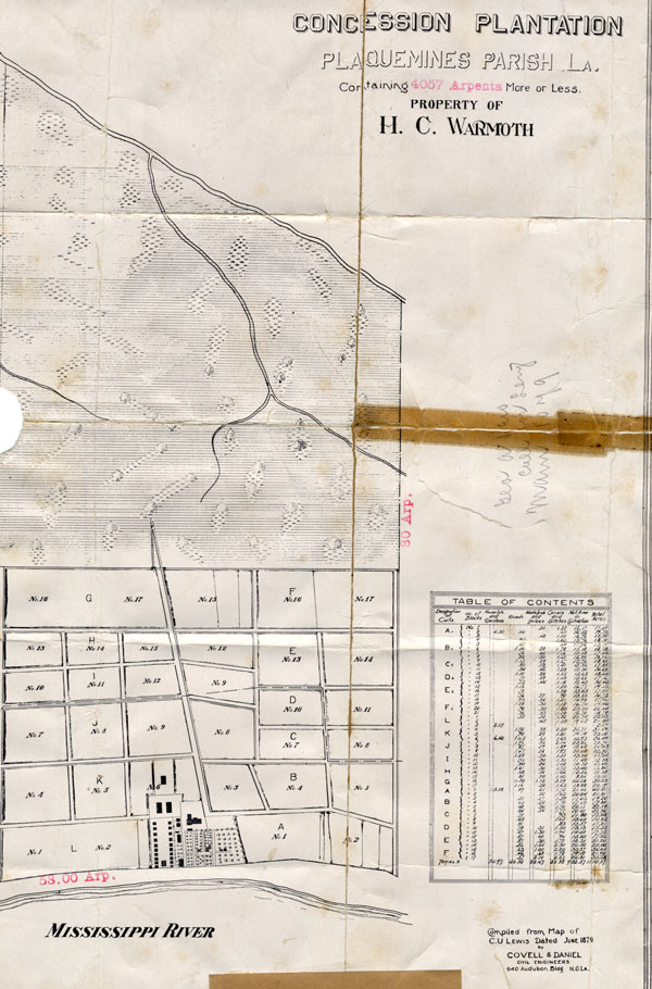 Figure 2: Covell & Daniel, Concession
Plantation, Plaquemines Parish,
LA containing 4057 Arpents
More Or Less / Property of H.C.
Warmoth / compiled from map
of C.U. Lewis Dated June 1879.