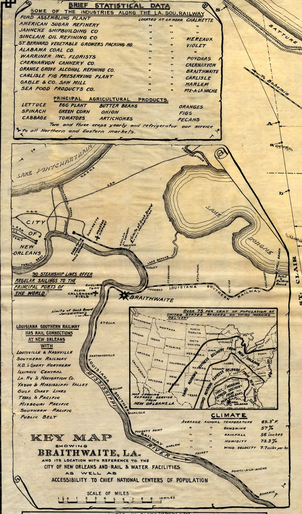 Figure 3: Ricketts, Seghers, & Dibdin.
Key Map Showing Braithwaite, LA . And
Its Location with Reference to the City
of New Orleans and Rail and Water
Facilities as well as Accessibility to
Chief National Centers of Population.
New Orleans, 1931. [Detail of map].
