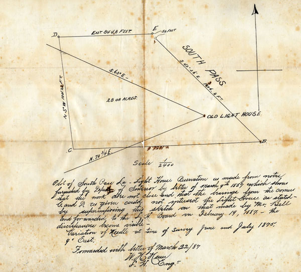 Figure 4: W. H. Heuer. Plot of South Pass La-Light House Reservation as made from
notes furnished by Deputy of the Interior … 22 March 1887. Ink on tracing vellum.