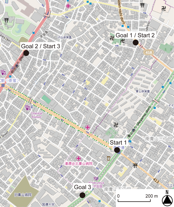 Figure 1: Map of the study area. Three pairs of start and goal
locations were selected in the area. Participants walked between
the locations in each pair using one of three navigation tools in
counterbalanced order. © OpenStreetMap contributors.
http://www.openstreetmap.org.