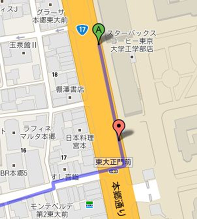 Figure 2: Information provided by navigation tools. (A) On the route
tool, the user’s current location (the symbol around the center of the
screen) and a route to the goal (the solid line from the start, denoted
by an A, toward the lower-left corner of the screen) were shown. (B)
On the direction tool, the user’s current location and the direction
toward the goal (the blue arrow pointing to the lower-left corner
of the screen) were shown. (C) A map for the whole area that was
available upon request to users of the route tool in Experiment 2. (D)
The device-screen map used in Experiment 2, with the stat and goal
denoted by A and B. (Tools developed with Google Maps API. Map
data © 2011 Google, ZENRIN.)