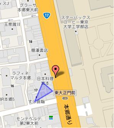 Figure 2: Information provided by navigation tools. (A) On the route
tool, the user’s current location (the symbol around the center of the
screen) and a route to the goal (the solid line from the start, denoted
by an A, toward the lower-left corner of the screen) were shown. (B)
On the direction tool, the user’s current location and the direction
toward the goal (the blue arrow pointing to the lower-left corner
of the screen) were shown. (C) A map for the whole area that was
available upon request to users of the route tool in Experiment 2. (D)
The device-screen map used in Experiment 2, with the stat and goal
denoted by A and B. (Tools developed with Google Maps API. Map
data © 2011 Google, ZENRIN.)