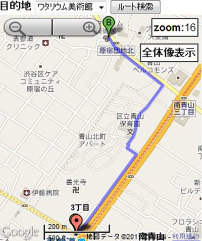 Figure 2: Information provided by navigation tools. (A) On the route
tool, the user’s current location (the symbol around the center of the
screen) and a route to the goal (the solid line from the start, denoted
by an A, toward the lower-left corner of the screen) were shown. (B)
On the direction tool, the user’s current location and the direction
toward the goal (the blue arrow pointing to the lower-left corner
of the screen) were shown. (C) A map for the whole area that was
available upon request to users of the route tool in Experiment 2. (D)
The device-screen map used in Experiment 2, with the stat and goal
denoted by A and B. (Tools developed with Google Maps API. Map
data © 2011 Google, ZENRIN.)
