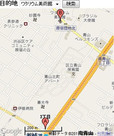 Figure 2: Information provided by navigation tools. (A) On the route
tool, the user’s current location (the symbol around the center of the
screen) and a route to the goal (the solid line from the start, denoted
by an A, toward the lower-left corner of the screen) were shown. (B)
On the direction tool, the user’s current location and the direction
toward the goal (the blue arrow pointing to the lower-left corner
of the screen) were shown. (C) A map for the whole area that was
available upon request to users of the route tool in Experiment 2. (D)
The device-screen map used in Experiment 2, with the stat and goal
denoted by A and B. (Tools developed with Google Maps API. Map
data © 2011 Google, ZENRIN.)