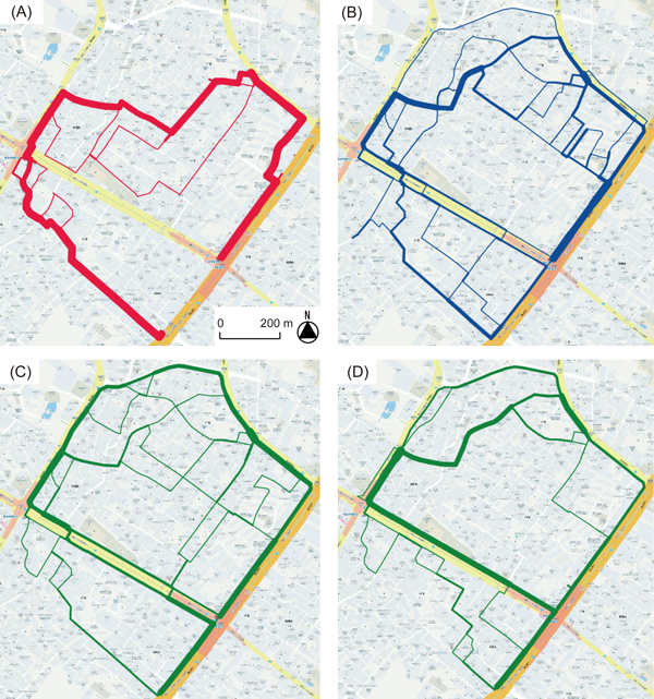 Figure 5: Maps showing the routes that participants took when
using (A) the route tool, (B) the direction tool, (C) the paper map (in
Experiment 1), and (D) the device-screen map (in Experiment 2). The
thickness of the lines is proportional to the number of participants
who traveled each route.