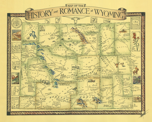 Figure 1: Map of the History and Romance of Wyoming. 1928. Grace Raymond Hebard. Signed by Grace Raymond Hebard.