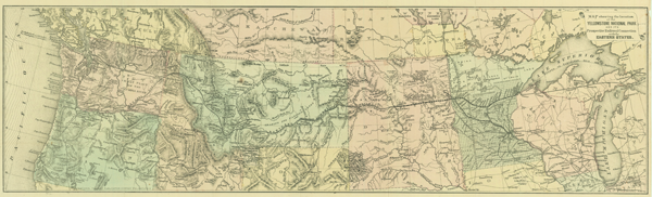 Figure 3: Map showing the location of the Yellowstone national Park and its prospective railroad connection with the Eastern States. 1872?.
National Railway Publication Company.