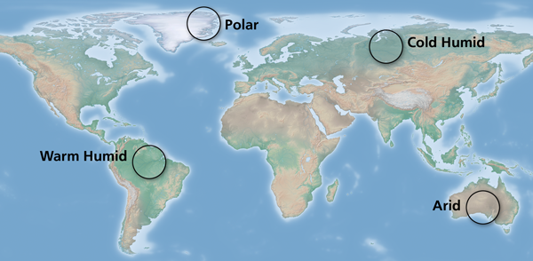 Figure 1: Cross-blended hypsometric tints have lowland colors that vary according to the generalized natural environment.