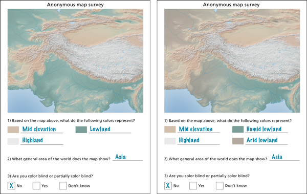 Figure 2: Survey form for conventional hypsometric tints (left) and cross-blended hypsometric tints (right). The cross-blended maps had an
additional color (brown for arid lowland) to identify. Respondents had to write in their answers, here with the hoped-for “correct” responses
shown in blue.
