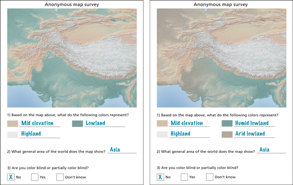 Figure 2: Survey form for conventional hypsometric tints (left) and cross-blended hypsometric tints (right). The cross-blended maps had an
additional color (brown for arid lowland) to identify. Respondents had to write in their answers, here with the hoped-for “correct” responses
shown in blue.