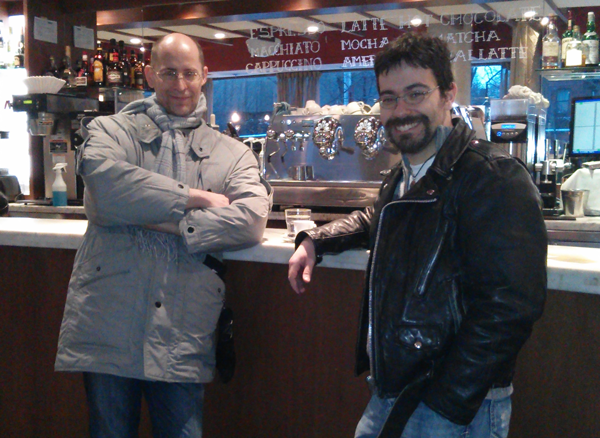 Daan Strebe (left) and Paulo Raposo (right), meeting for espresso
in Toronto.