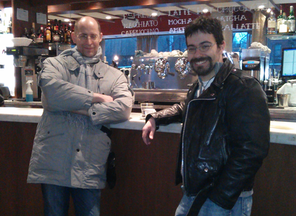 Daan Strebe (left) and Paulo Raposo (right), meeting for espresso
in Toronto.