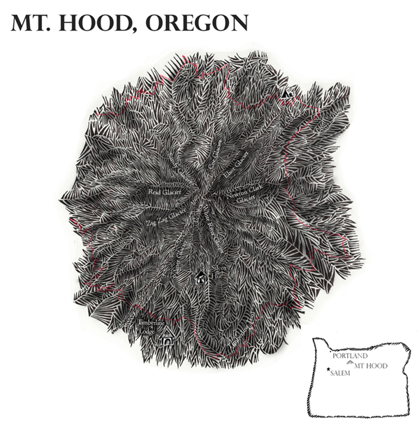 This map of Mt. Hood incorporates labels and hand drawn symbols into the terrain depiction.