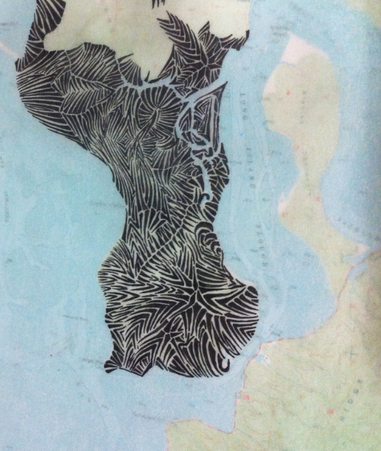 To begin the process, I place tracing paper over a topographic map and use the topo lines to guide my drawing.