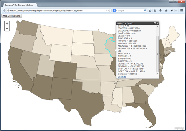 Figure 3: Map showing Total Hispanic Population (calculated CenData attribute) after Census data request, reformat, join, and symbolization.