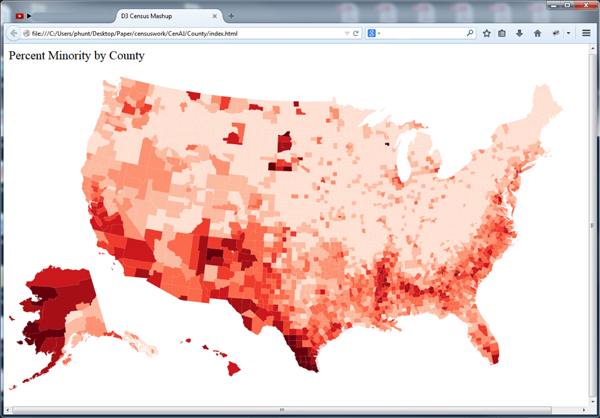 Figure 4: A mashup map produced with the Census Bureau API and the D3 JavaScript library displaying percent-minority population.