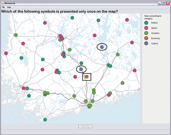 Figure 2: The user interface of the test software. A subject has opened the map and the timing has started. The subject must give a response by clicking on a symbol in the legend. In this case, the target symbol is totally visible. The black square and ellipses were not visible for the subjects.