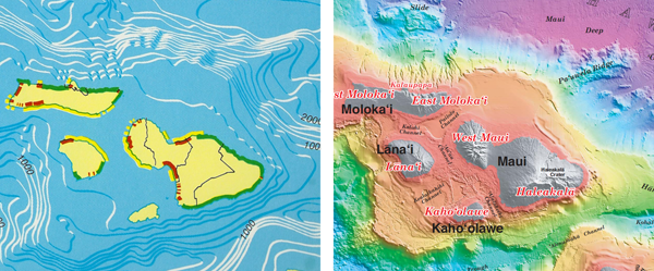 Figure 2: Excerpts of “Bathymetry and Shorelines” from the 1973 Atlas of Hawaii (left), and 2003 Hawaii’s Volcanoes Revealed (right). The pen and ink 1973 map depicts major features remarkably well compared to its 2003 digital counterpart.