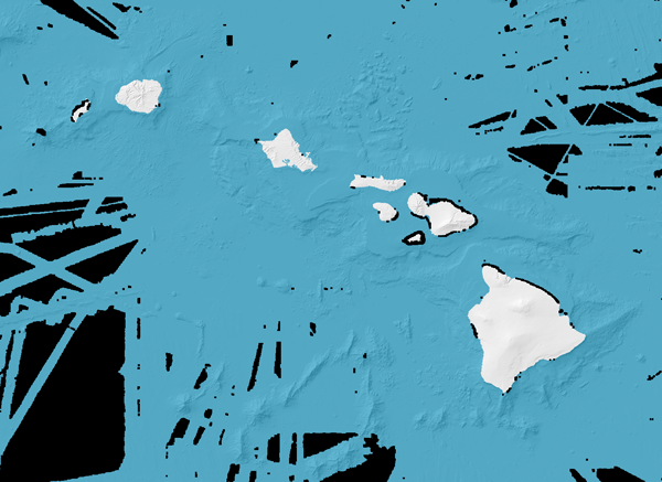 Figure 3: SOEST Main Hawaiian Islands Multibeam Bathymetry Synthesis, version 19, combines multibeam bathymetry (blue) with USGS DEMs on land (light gray). Black indicates gaps in the bathymetry coverage.
