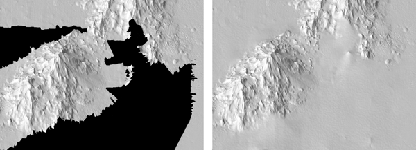 Figure 4: Filling gaps in the SOEST data (black area, left) involved filling in areas with coarser satellite altimetry data from a NOAA DEM (right).