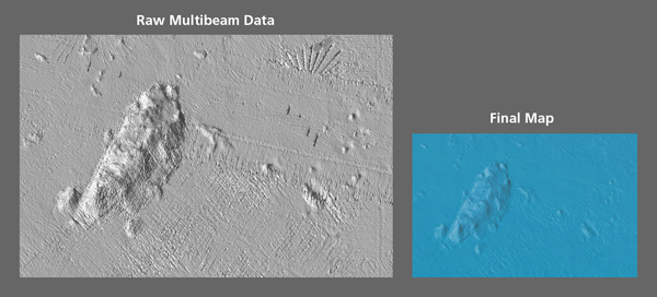 Figure 5: Raw multibeam data contain numerous artifacts (left) that data manipulation partially removed (right). Printing the final map at smaller scale and in blue further minimized the artifacts.