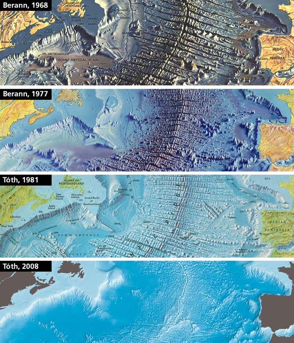 Figure 7: Small-scale ocean bottom maps. Examples courtesy of National Geographic, except for Berann, 1977, published by the US Office of Naval Research.