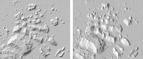 Figure 8: Conventional shaded relief of the Nu‘uanu Slide (left) compared to plan oblique relief (right). Note that illumination originates from the upper left on the shaded relief and lower left on the plan oblique relief.