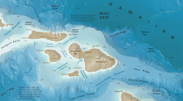 Figure 10: Excerpt of the Seafloor Map of Hawai‘i with labels and metric spot depths.