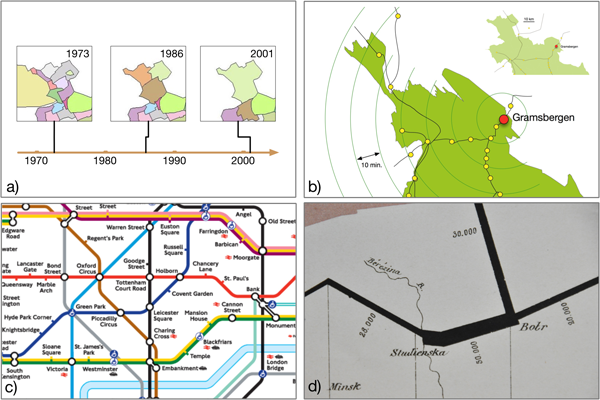 Figure 1: Graphic representations which we will combine include a) a timeline, b) a cartogram, c) a schematic map, and d) a flow map.