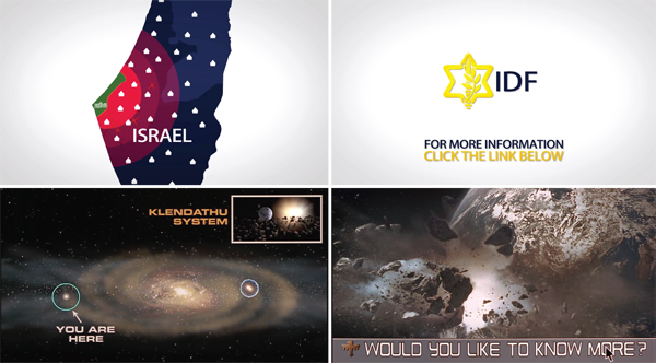 Figure 1: Top two images: screen captures from the Israeli Defense Forces YouTube video entitled What Gives Israel the Right to Defend Itself? Available at: youtu.be/LxX6f5R4-3E. Bottom two images: screen captures from several propaganda news clips in the film Starship Troopers (Verhoeven 1997) with very similar looking animated maps and a Would You Like to Know More button.