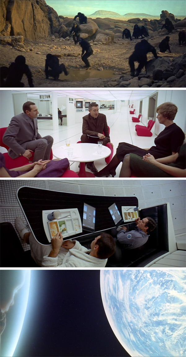 Figure 2: Top to bottom: four chronological scenes from the beginning to the end of the film, 2001: A Space Odyssey (Kubrick 1968). The film’s form offers anything but mannered eloquence. 