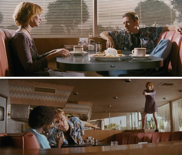 Figure 3: The characters introduced in the first scene of Pulp Fiction (top) are never referred to again until the last scene (bottom), bringing the audience resolution.