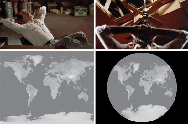 Figure 5: Top row: from the film Blood Simple (Coen 1984), a camera view showing an office from the top down (i.e., the floor is visible but not the ceiling or walls), followed by a camera viewpoint from near the ground upward (i.e., the ceiling is visible but not the floor or walls). Both represent the office differently. Below, an example of two different projections used to show the Earth, both of which show the impossible: the entire world at once. Both of these scenes are fake: the office is a studio set; the Earth image is made-up and speculative of what the Earth would look like without humans.