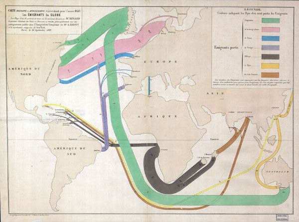 Figure 7: The Emigrants of the World (title translated from French), by Charles Joseph Minard. 1862. Available online at cartographia.files.wordpress.com/2008/05/minard-full.jpg.