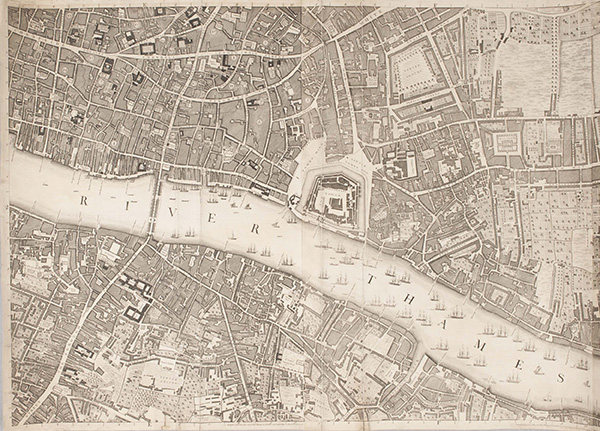 Figure 2. Rocque, John. 1746 [1749?]. A plan of the cities of London and Westminster, and borough of Southwark, with the contiguous buildings. Section Seven. London: John Pine & John Tinney.