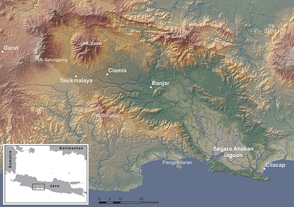 Figure 1. Location of the Segara Anakan lagoon and its catchment area on the south coast of Java.