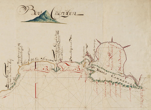 Figure 2. This section of the manuscript sea chart drawn by Cornelius Coops in 1698 is the earliest known map of the Segara Anakan lagoon. Original scale: approx. 1:140,000. Retrieved from the Netherlands National Archives in The Hague.