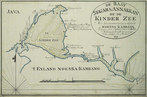 Figure 3. Map of the Segara Anakan lagoon, drawn by Jan Theunis Busscher in 1809. Original scale: 1:76,000. Retrieved from the Netherlands National Archives in The Hague.